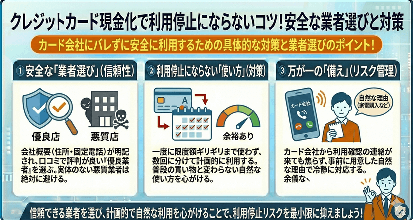 クレジットカード現金化で利用停止にならないコツ！安全な業者選びと対策