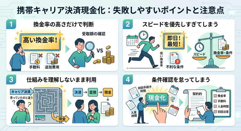 キャリア決済現金化の失敗しやすいポイントと注意点